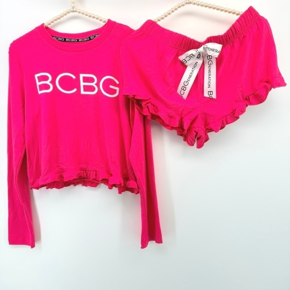 NWT New BCBGeneration Womens Pink Logo Ruffle Pajama Set Long Sleeve Shorts